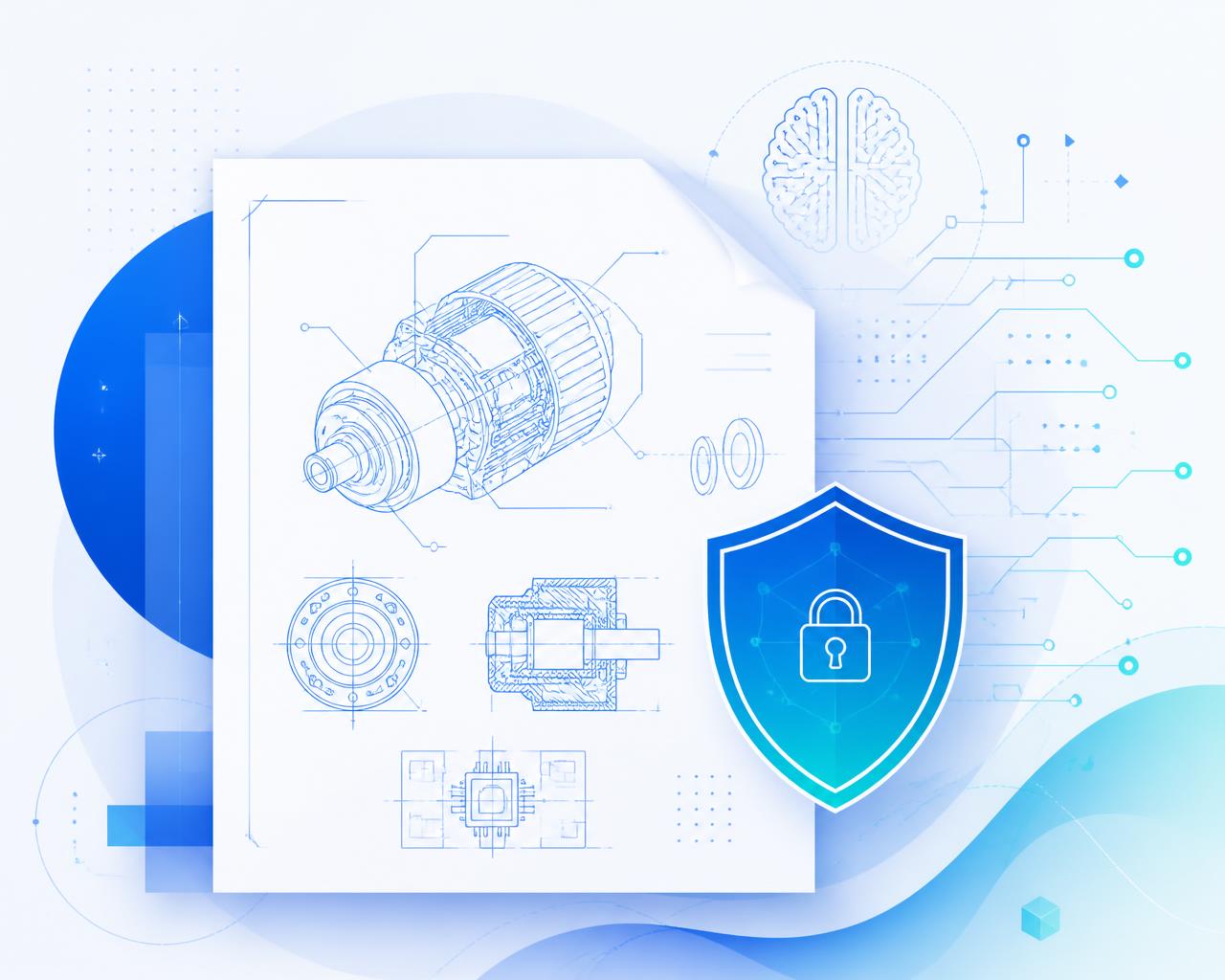 Illustration of a patent specification with engineering drawings, AI circuit analysis and an intellectual property protection shield